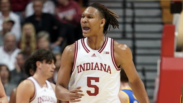 Nov 7, 2022; Bloomington, Indiana, USA; Indiana Hoosiers forward Malik Reneau (5) celebrates after a defensive stop during the first half at Simon Skjodt Assembly Hall.
